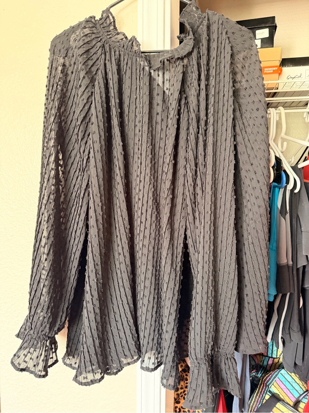 H&M Black Sheer Swiss Dot Ruffle Blouse